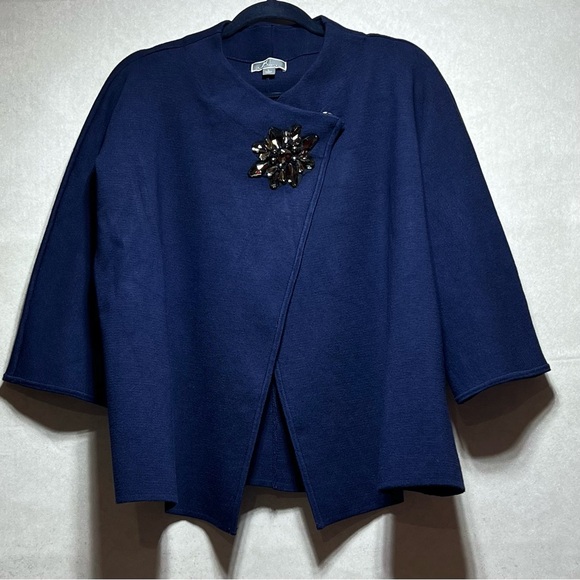 JM Collection Sweaters - JM Collection Navy Blue Wrap Front Brooch Cardigan, Size Large